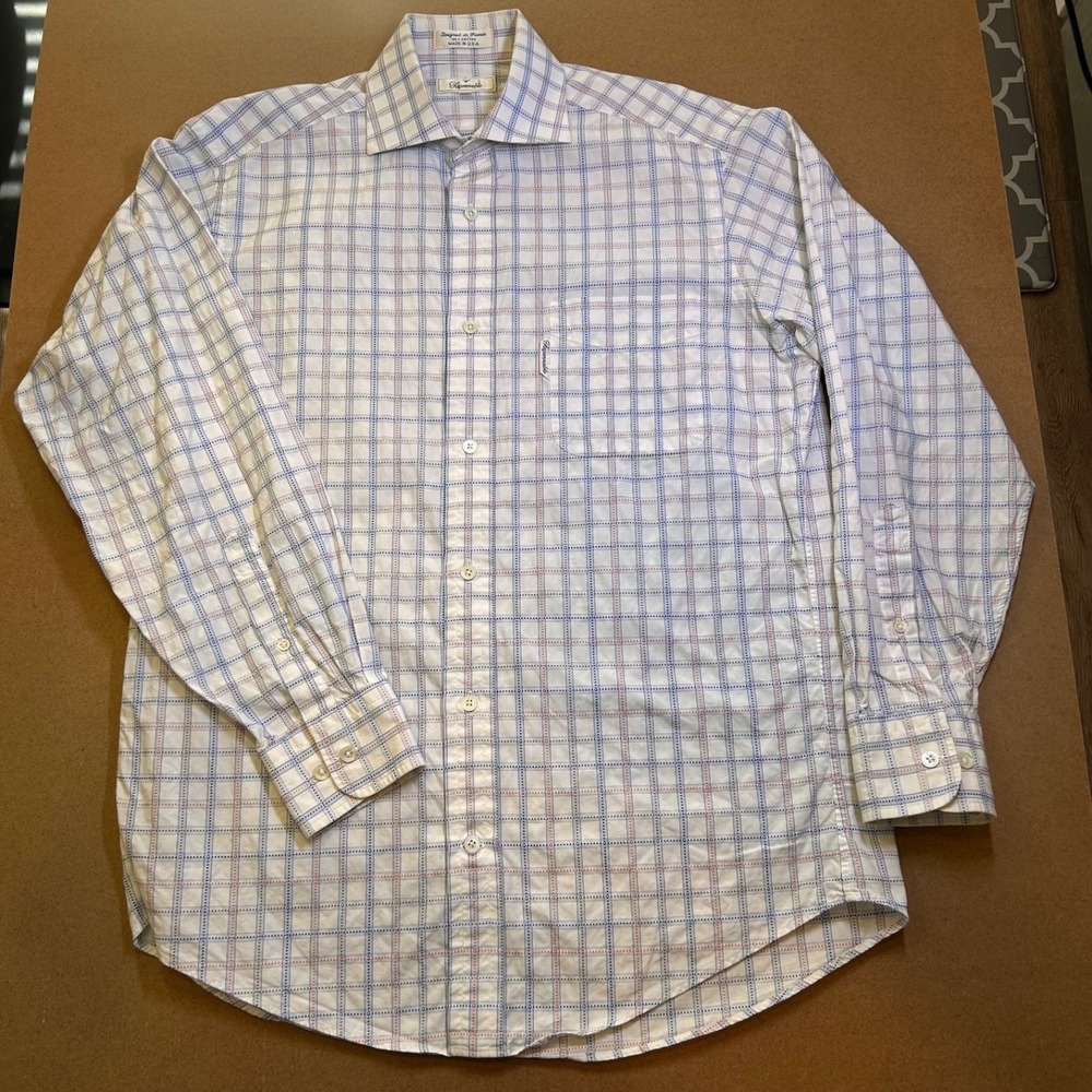 Faconnable Long Sleeve Button Up Shirt USA 100% Cotton Mens 15R White w/Plaid - Picture 2 of 13